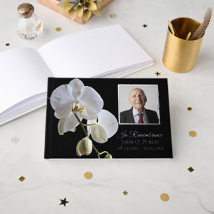 White Orchid Flower on Black Funeral Memorial Foil Guest Book