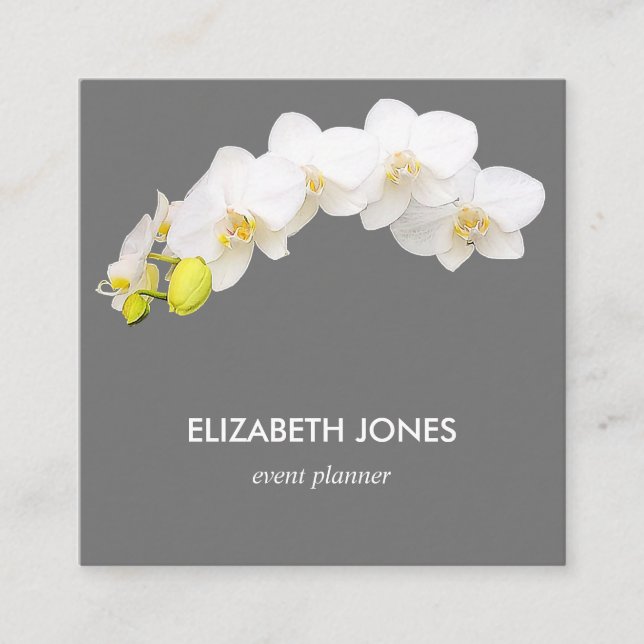 White Orchid Flowers Lilac Gray Background Square Business Card (Front)