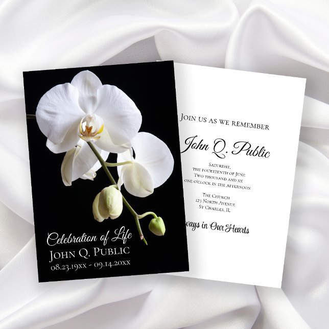 White Orchid Flowers on Black Celebration of Life Invitation (Creator Uploaded)