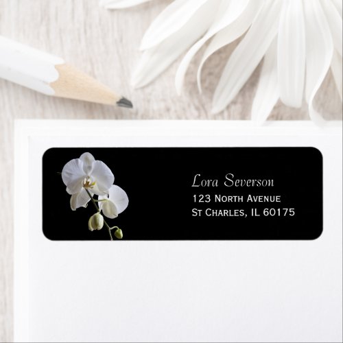 White Orchid Flowers on Black Return Address Label