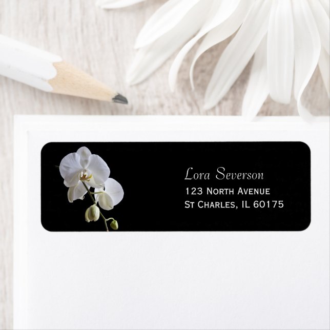 White Orchid Flowers on Black Return Address Label (Insitu)