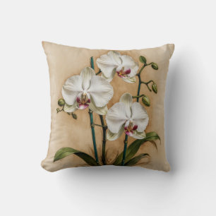 White Orchid Flowers Vintage Botanical Throw Pillow
