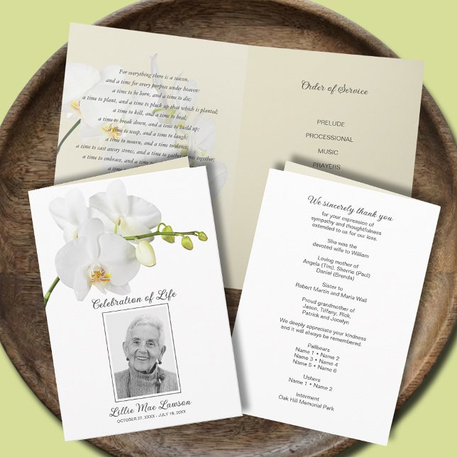 White Orchid Funeral Celebration of Life Photo Program (White orchid funeral Celebration of Life photo program, 5" x 7" folded size)