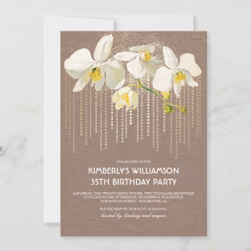 White Orchid Gold Glitter Vintage Birthday Party Invitation - Vintage birthday party invitation with white orchid flowers and gold glitter