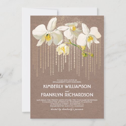 White Orchid Gold Glitter Vintage Engagement Party Invitation - Vintage white flowers - orchids and gold glitter glam engagement party invitation.