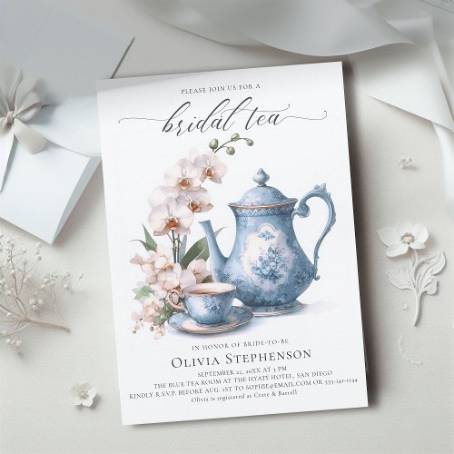  White Orchid Hampton Blue Toile Bridal Tea Shower Invitation