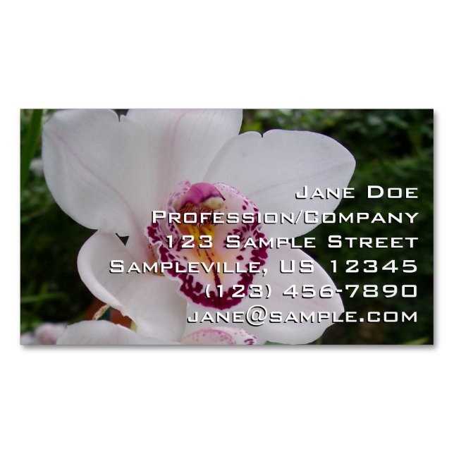 White Orchid I Beautiful Tropical Flower Business Card Magnet (Front)