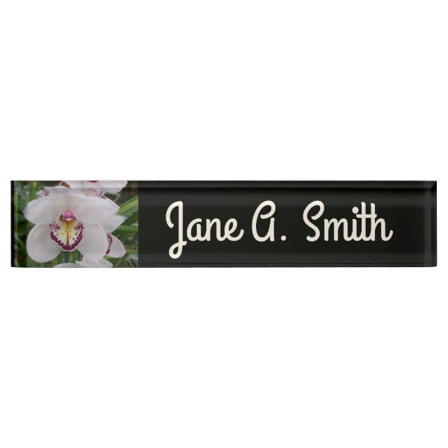 White Orchid II Elegant Floral Desk Name Plate (Front)