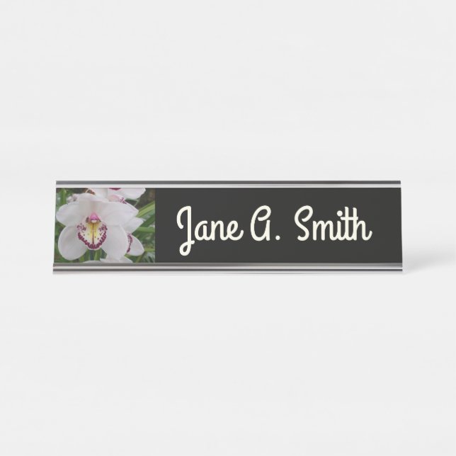 White Orchid II Elegant Floral Desk Name Plate (Front)