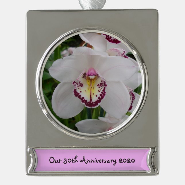White Orchid II Elegant Floral Silver Plated Banner Ornament (Front)
