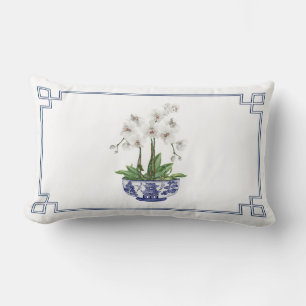 White Orchid in blue and white Chinoiserie Bowl  Lumbar Pillow