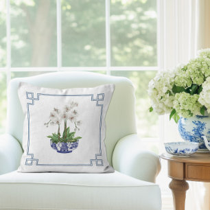 White Orchid in blue and white Chinoiserie Bowl Throw Pillow