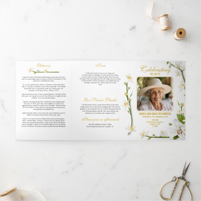 White Orchid Lily Multi Photo Poem Tri-Fold Program (Outside)