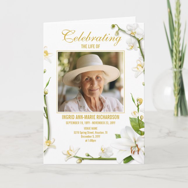 White Orchid Lily Two Photo Funeral Program (Front)