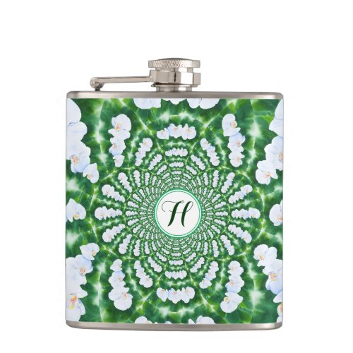 White Orchid Mandala Hip Flask