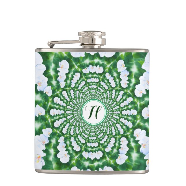 White Orchid Mandala Hip Flask (Front)