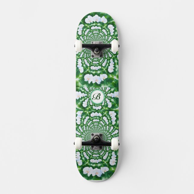 White Orchid Mandala monogram Skateboard (Front)