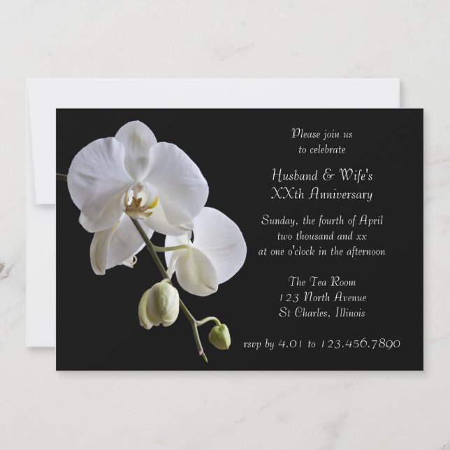 White Orchid on Black Anniversary Party Invitation (Front)