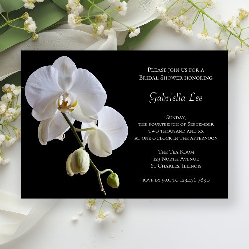 White Orchid on Black Bridal Shower Invitation
