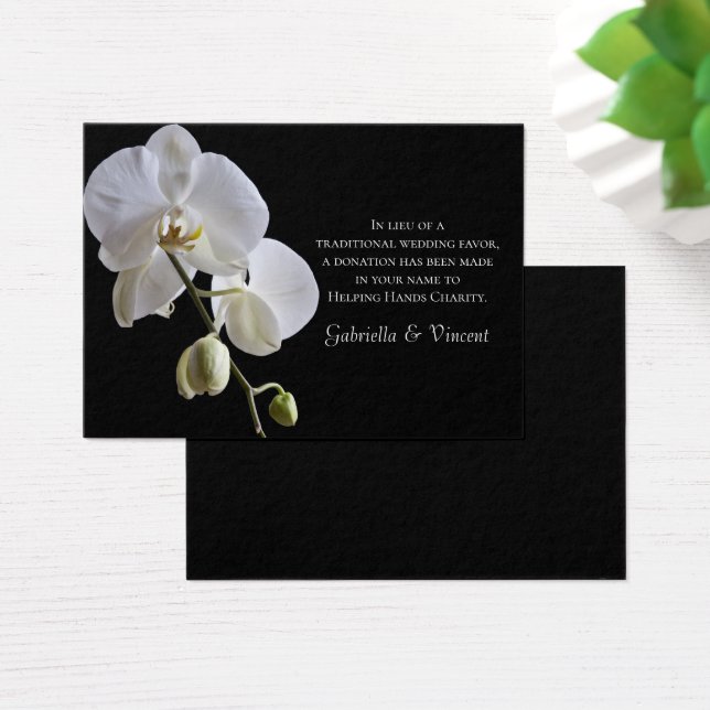 White Orchid on Black Charity Wedding Favor Card (Desk)