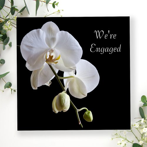 White Orchid on Black Engagement Party Invitation