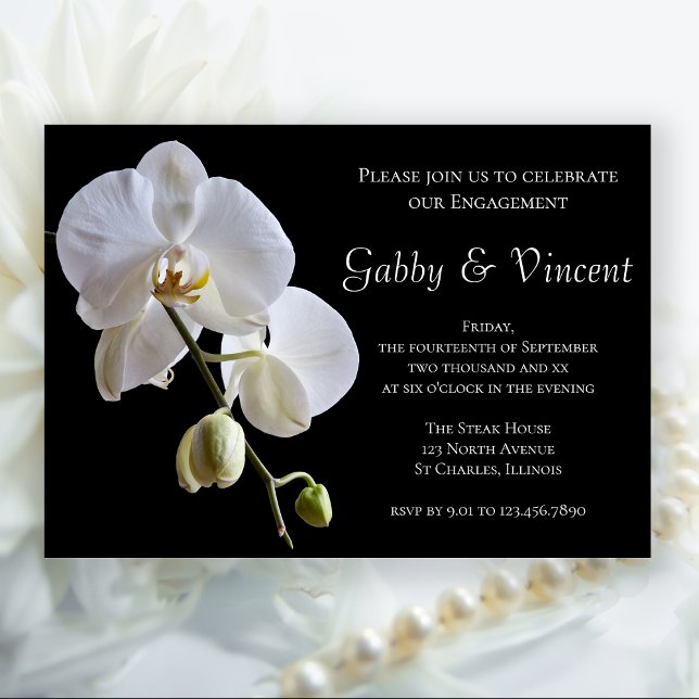 White Orchid on Black Engagement Party Invitation (Creator Uploaded)