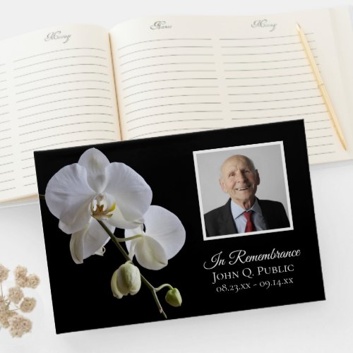 White Orchid on Black Funeral Memorial Photo Guest Book