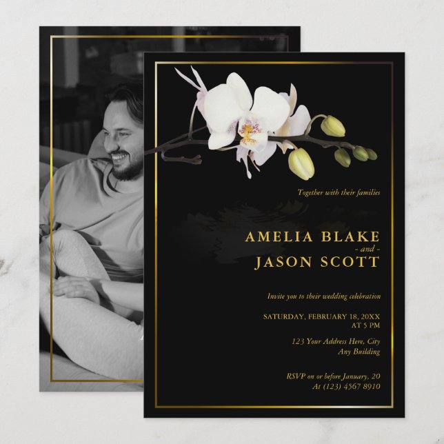 White Orchid on Black | Gold Frame | Photo Wedding Invitation (Front/Back)