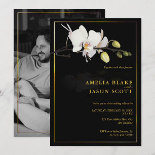 White Orchid on Black   Gold Frame   Photo Wedding Invitation