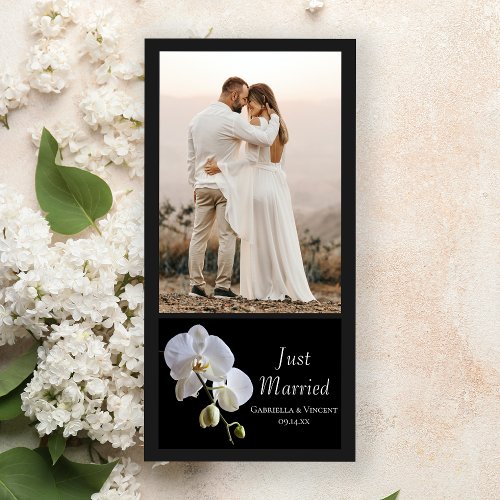 White Orchid on Black Just Married Wedding Announcement