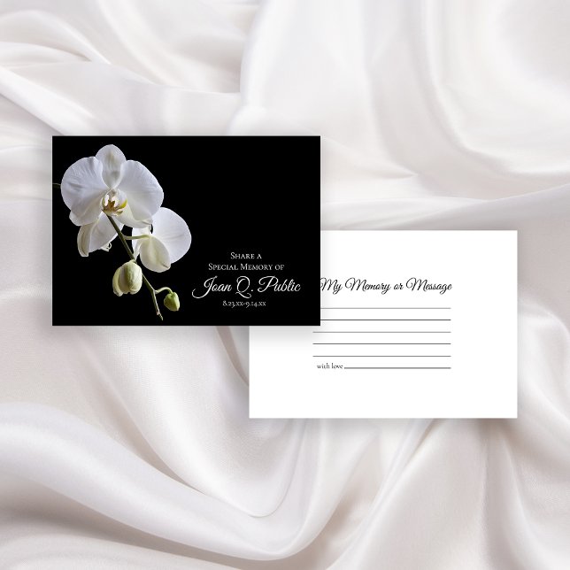 White Orchid on Black Share a Memory Funeral  Note Card (Creator Uploaded)