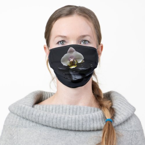 White Orchid On Black Stones Adult Cloth Face Mask