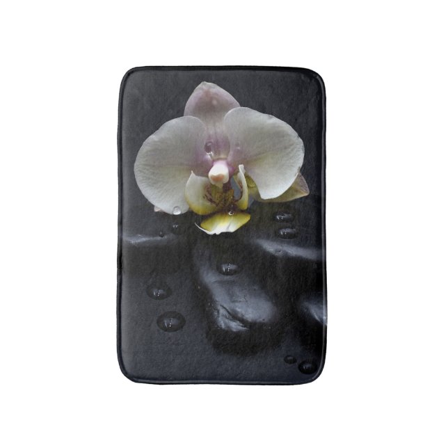 White Orchid On Black Stones Bath Mat (Front Vertical)