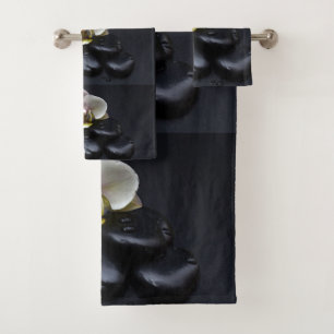 White Orchid On Black Stones Bath Towel Set