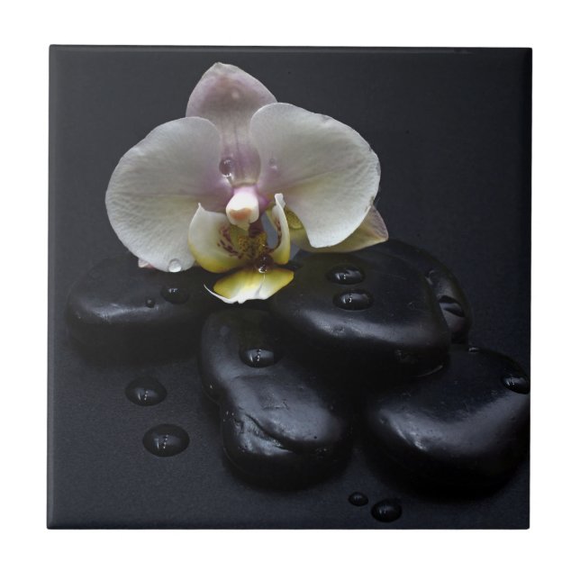 White Orchid On Black Stones Ceramic Tile (Front)