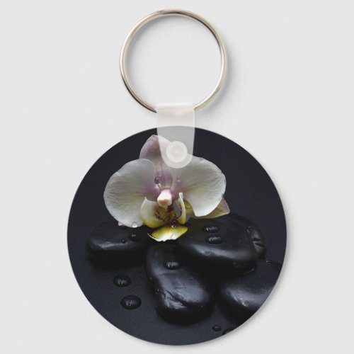 White Orchid On Black Stones Keychain