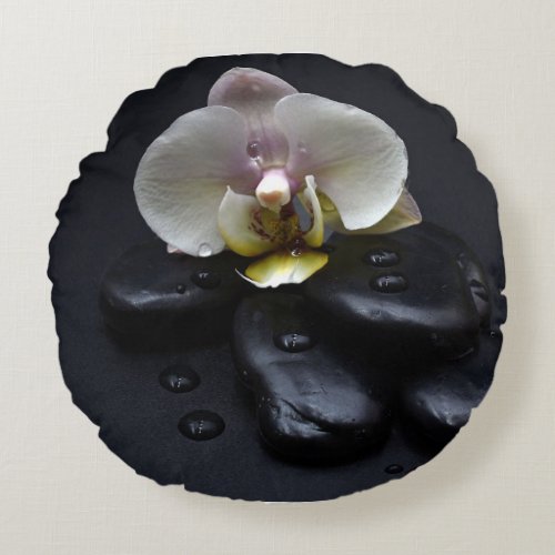 White Orchid On Black Stones Round Pillow