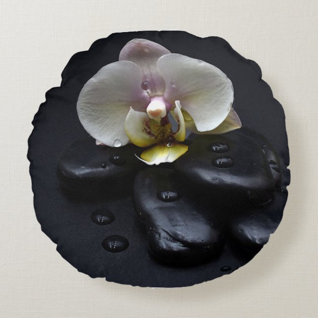 White Orchid On Black Stones Round Pillow (Front)