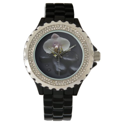 White Orchid On Black Stones Watch