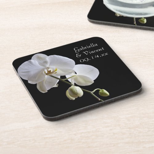 White Orchid on Black Wedding Coaster