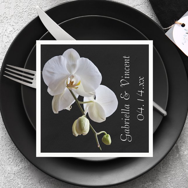 White Orchid on Black Wedding Paper Napkins (Creator Uploaded)