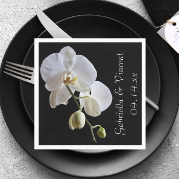 White Orchid On Black Wedding Paper Napkins by loraseverson at Zazzle
