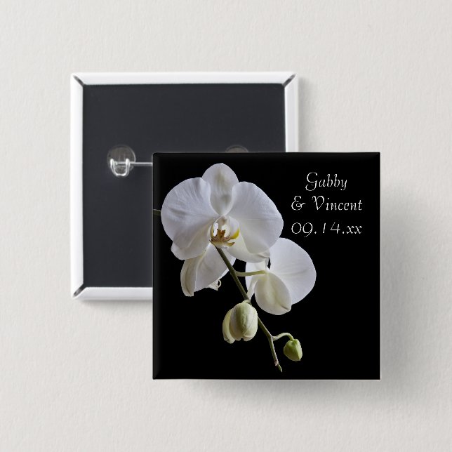 White Orchid on Black Wedding Pinback Button (Front & Back)