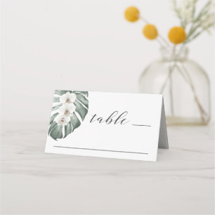 White Orchid on Monstera Tropical Wedding Place Card