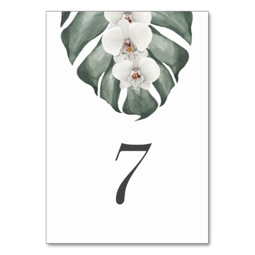 White Orchid on Monstera Tropical Wedding Table Number