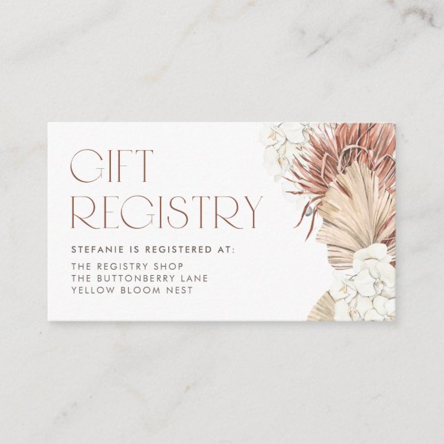 White Orchid Palm Leaves Boho Baby Shower Registry Enclosure Card (Front)