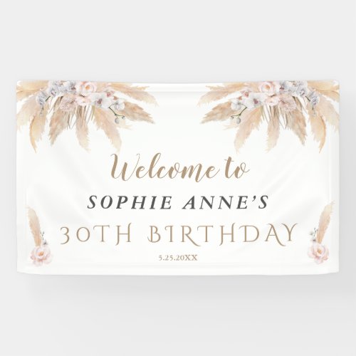 White Orchid Pampas Grass Birthday Welcome Sign