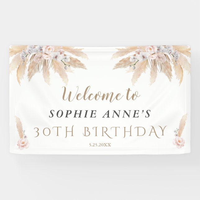 White Orchid Pampas Grass Birthday Welcome Sign (Horizontal)