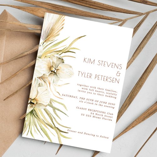 White orchid pampas grass modern boho wedding invitation