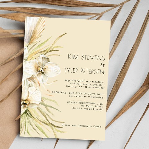 White orchid pampas grass modern boho wedding invitation